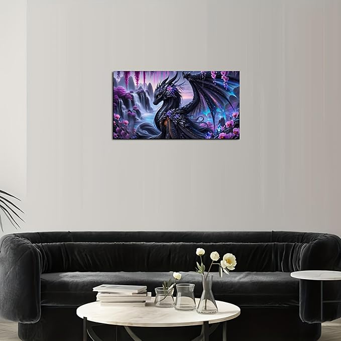KUFWKEY Black Dragon Mosaic Diamond Paintings,5D DIY Diamond Painting for Adults,Fantasy Animal Diamond Art Kits,Landscape Waterfall Art for Home Decor,Large Size 27.5x15.7inch