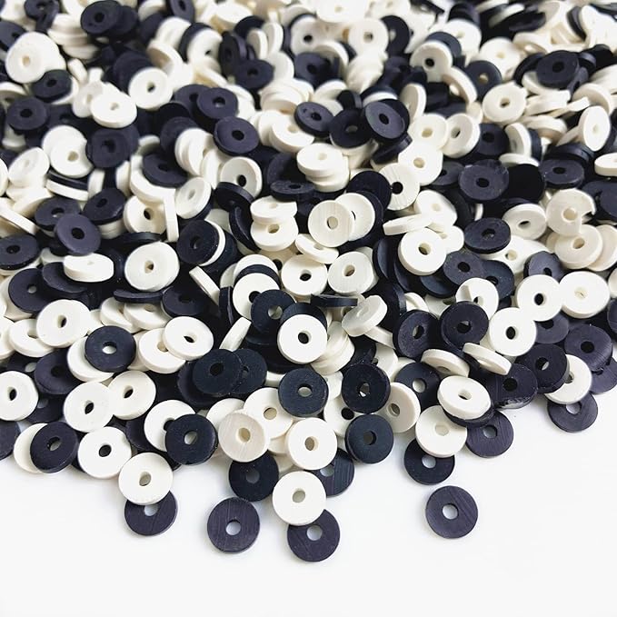 3000pcs Heishi Vinyl Beads Flat Round Polymer Clay Spacer Beads for Making Bracelet Necklace Earring Accessories DIY Handmade Craft(White/Black, 6mm)