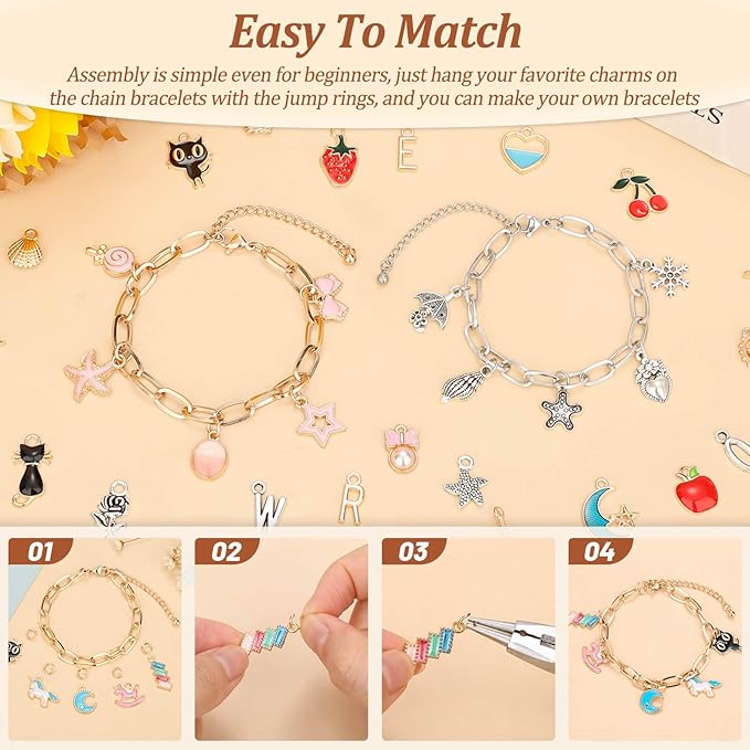 Mckanti 674 Pieces Charm Bracelet Making Kit, Including Paperclip Chain Bracelets, Charms, Jump Rings for DIY Bracelet Making(Gold & Silver)
