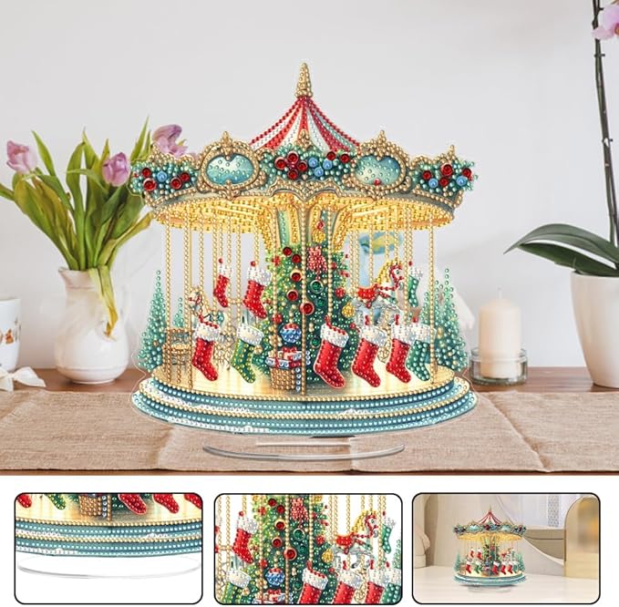 LAKEQUILL Christmas Diamond Painting Kits, Tabletop Ornament, Stand Up Diamond Art Desktop Kits for Home Office Decor, New Year Gift - Xmas Carousel
