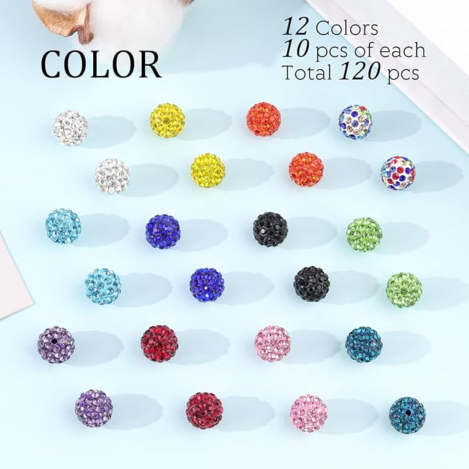 120 pcs 10mm rhinestone beads for jewelry making, 12 mixed colors shiny round shamballa disco ball beads, sparkle crystal clay christmas for bracelet baseball necklace earring and diy