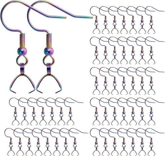 earring hooks 50pcs/25pairs, stainless steel rainbow ear wires fish hooks, hypo-allergenic jewelry findings parts for diy jewelry making