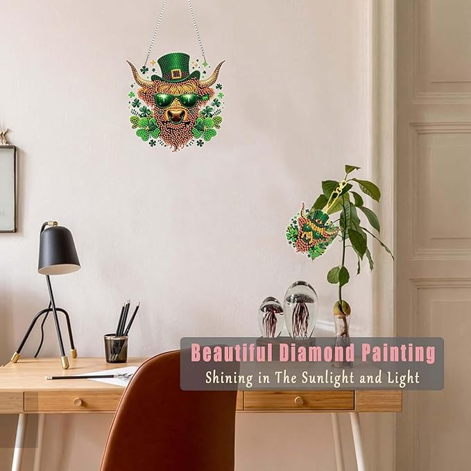 Masendp St. Patrick's Day Cow Diamond Painting Double-Sided Hanging Ornament Set, DIY Irregular Shaped Rhinestone Window Decoration Set, Suitable for Home and Garden Wall Decoration Gifts