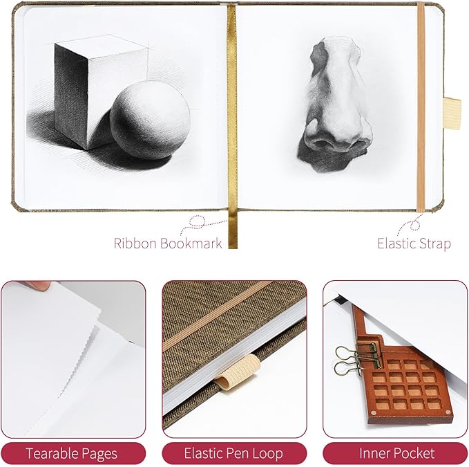 Vienrose 5.5"x5.5" Sketch Books, Linen Cover Hardbound Sketching Book with Acid-Free Paper, Drawing Pad for Kids, Beginners & Professionals, Art Supplies for Adults & Students(Brown, 60 Sheets)