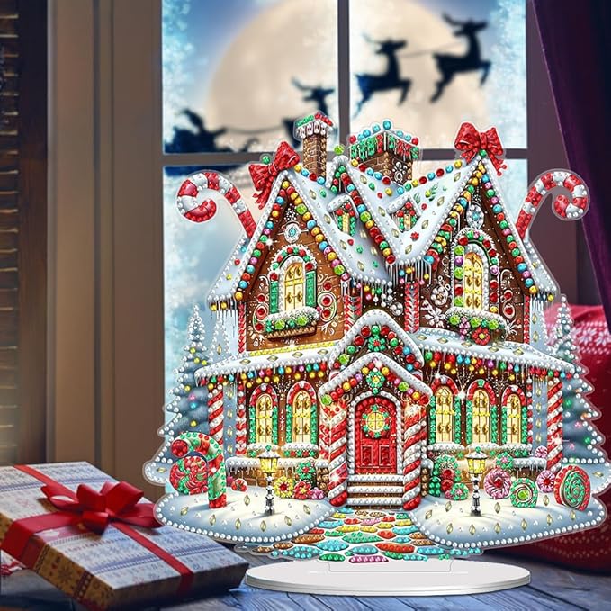 LAKEQUILL DIY Tabletop Diamond Art Painting Kit,Special Shaped Rhinestone Desk Placement Ornament,Kits for Home Office Decor New Year Gift (Christmas House)