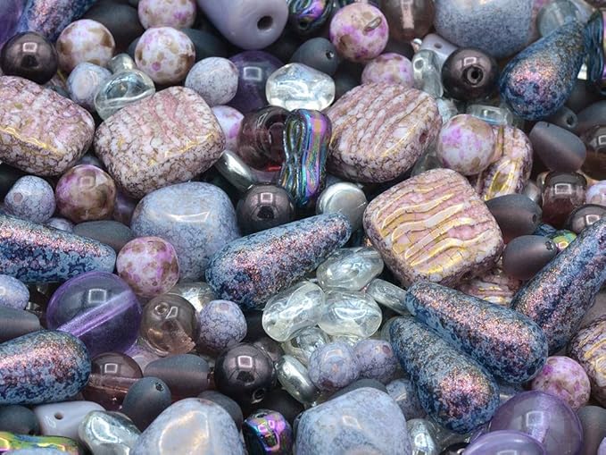 1.4oz (40g) Variative Mix of Pressed Czech Glass Beads, Purple