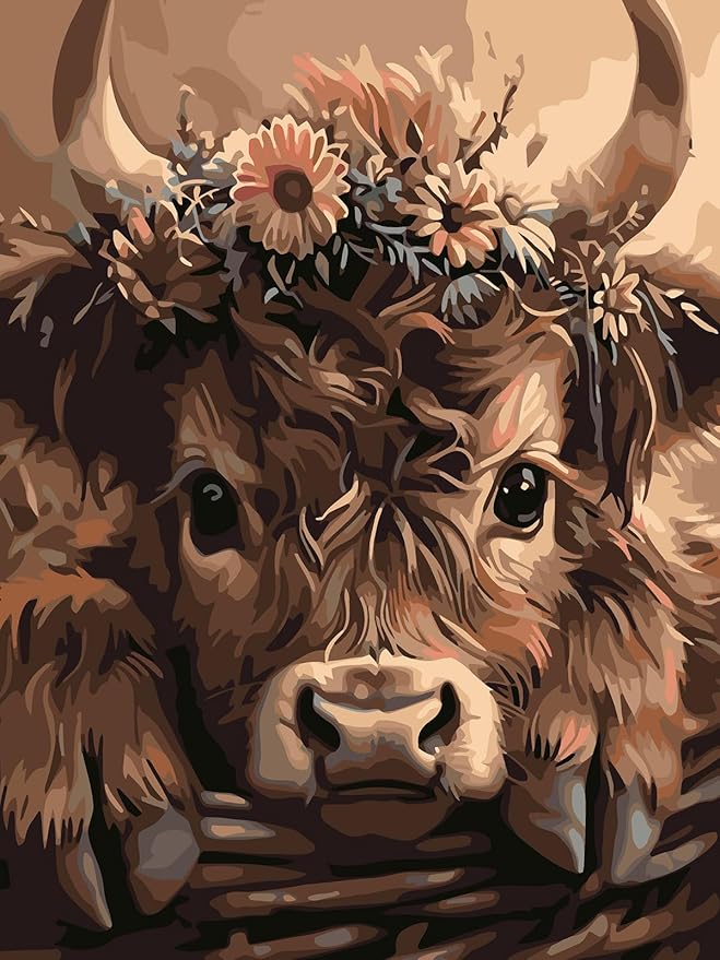 Mosaflare Paint by Numbers for Adults Beginner, Highland Cow Adult Paint by Number Kits on Canvas, DIY Acrylic Oil Easy Painting by Numbers for Home Wall Decor 12X16 inch (Without Frame)