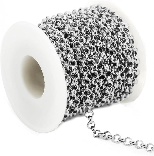 UniCrena 2.5mm Silver Rolo Chain Jewelry Making Supplies - 16.4ft 5m Link Chain Bulk for DIY Bracelet Hat Chains Decoration
