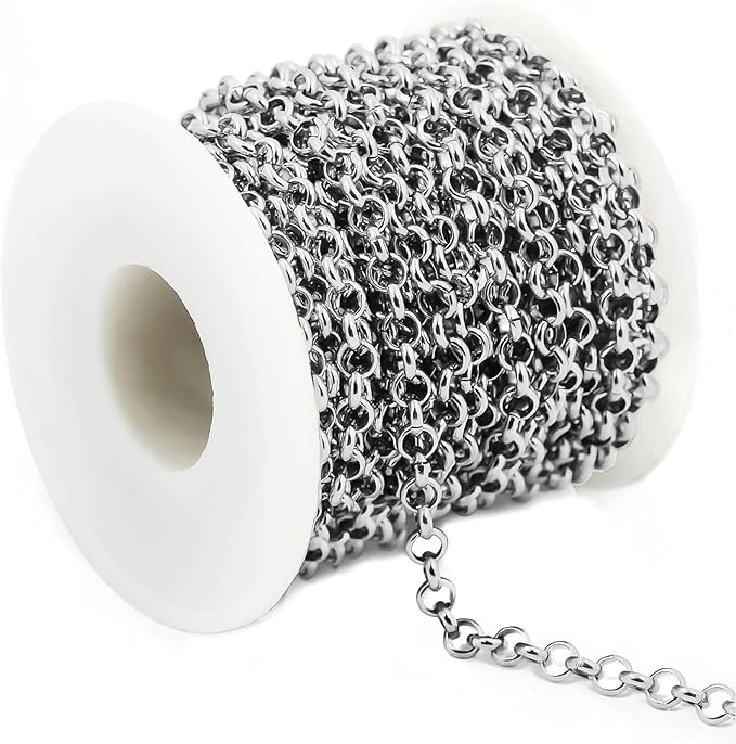 UniCrena Silver Rolo Chain Jewelry Making Supplies 9.8ft - 4mm Link Chain Bulk for DIY Bracelet Hat Chains Decoration