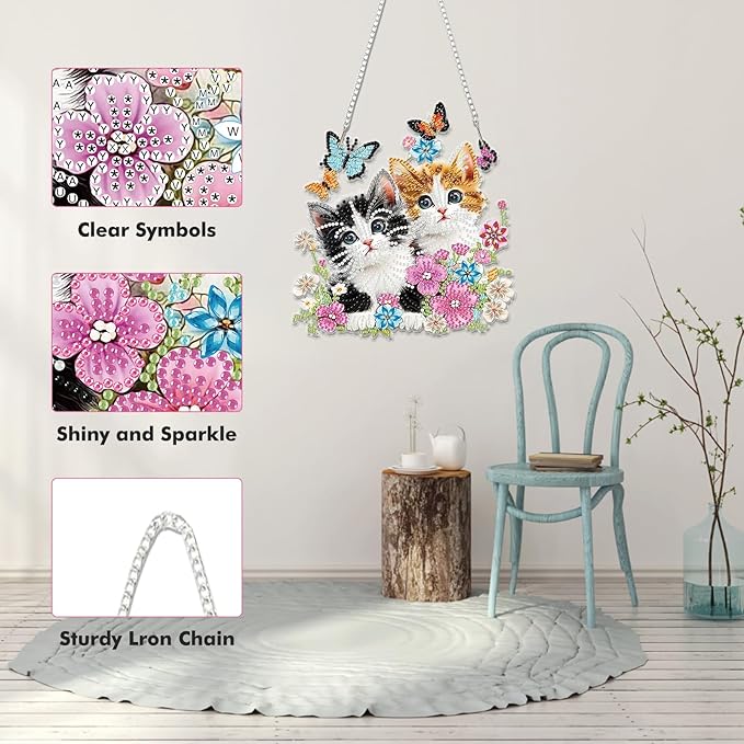 Miwixy Cats Hanging Diamond Art,Black Orange Cats Butterfly Special Shaped Crystal Christmas Diamond Painting Ornament Kit DIY Double-Sided Pattern Window Pendant Gem Art Kit for Home Wall Decor