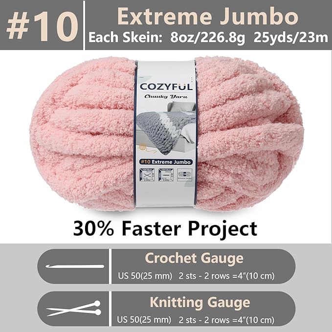Chunky Yarn for Hand Knitting - #10 Chunky Chenille Yarn, Jumbo Big Thick Chunky Yarns for Crocheting, Super Bulky Chunky Knit Blanket Yarns, 8 Skein (25 yds 8 oz Each Skein), Pink