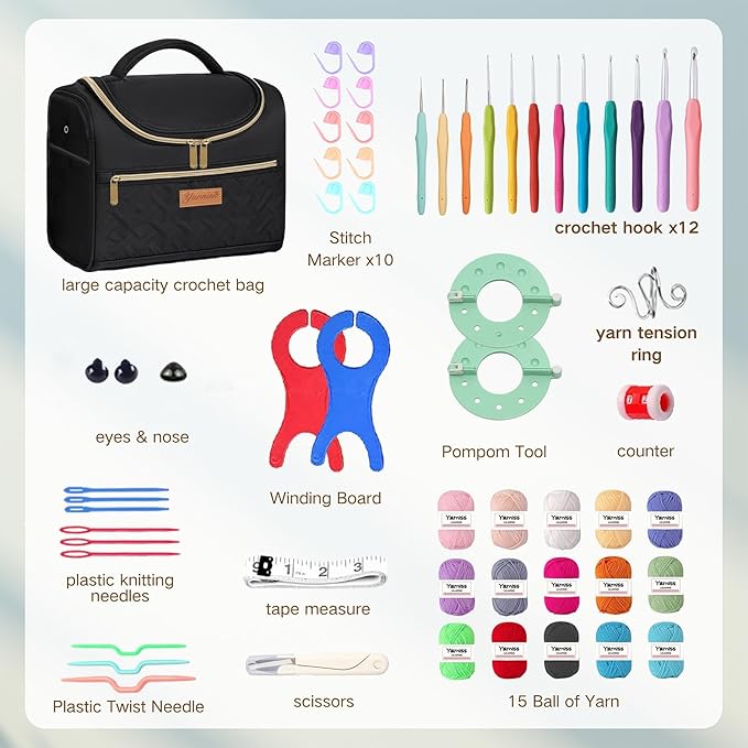 yarniss crochet kits with yarn,1120 yards soft crochet skeins, 12 size ergonomic crochet hooks with portable crochet bag,black