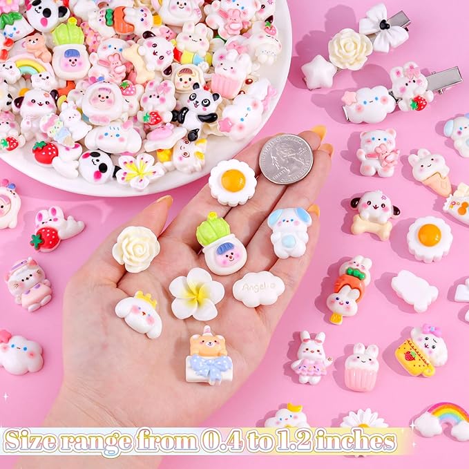 100PCS White Slime Charms Cute Flatback Resin Charms for Slime, Random Kawaii Decoden Charm for Embellishments Phone Junk Case Charms Bulk, Hairpins Scrapbooking Crafting & DIY Decoration