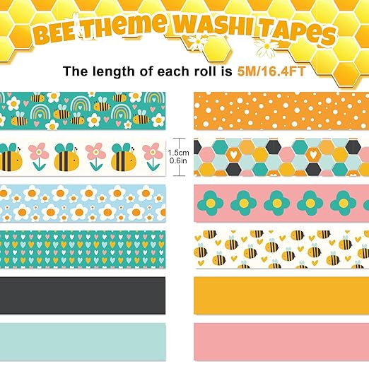12 Rolls Boho Bee Washi Tape Back to School Honeycomb Heart Rainbow Flower Decorative Masking Tapes Set Cute Colorful Wrapping Paper Tape for Scrapbook Journal DIY Art Crafts