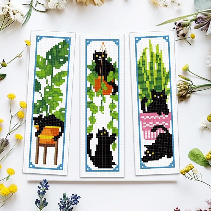 ACRNIGHEET 6PCS Cross Stitch Bookmark Kits Cute Cat and Plants Pattern Stamped Cross Stitch Kits for Beginners Adults DIY Stamped Embroidery Bookmarks with Instructions Hand Embroidery Craft Gift 11CT