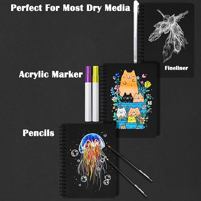 5" x 7" Premium Black Paper Mixed Media Sketchbook, Spiral Bound Art Journal Sketchbook, 70 Sheets 110 GSM Acid-Free Drawing Black Paper for Adults Beginners Artists.Black