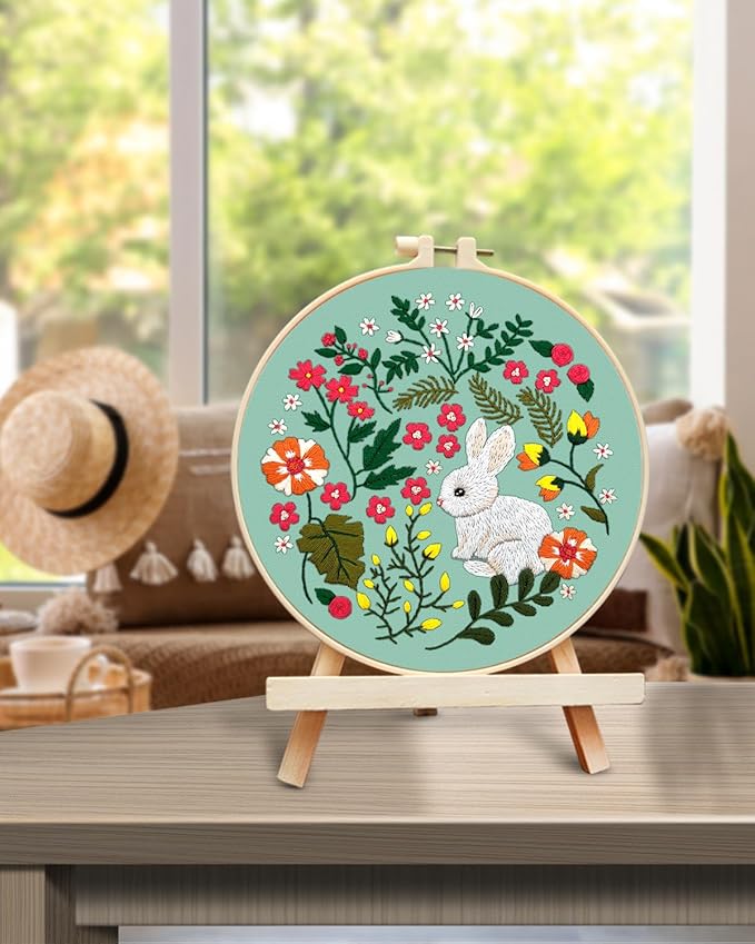 TINDTOP Embroidery Kit for Beginners Adult, Rabbit Embroidery Kit for Beginners Include Embroidery Cloth Hoops Threads for Craft Lover Hand Stitch with Embroidery Skill Techniques