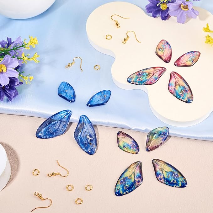FASHEWELRY 12Pcs Resin Butterfly Wing Charms for Jewelry Making, Pastel Glitter Colorful Insects Wing Pendant Earrings Making Kit Earring Hook Jump Rings