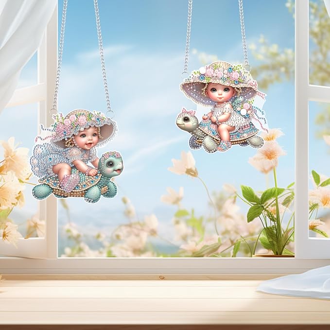 2 Pack Turtle Diamond Painting Hanging Decorations – 5D DIY Cute Animal Wall Ornaments, Sea Turtle Riders Design, 15x14.7 cm Each, Special Shaped Diamond Art Kit for Ocean-Themed Home Decor & Gift