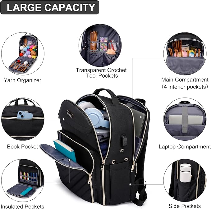 Liokesa Knitting Bag Backpack, Crochet Bag Tote, Large Yarn Storage Tote Bag with USB Charging Port, Mothers Day Gifts Yarn Holder Case for Carrying Projects, Knitting Needles, Yarn Supplies, Black
