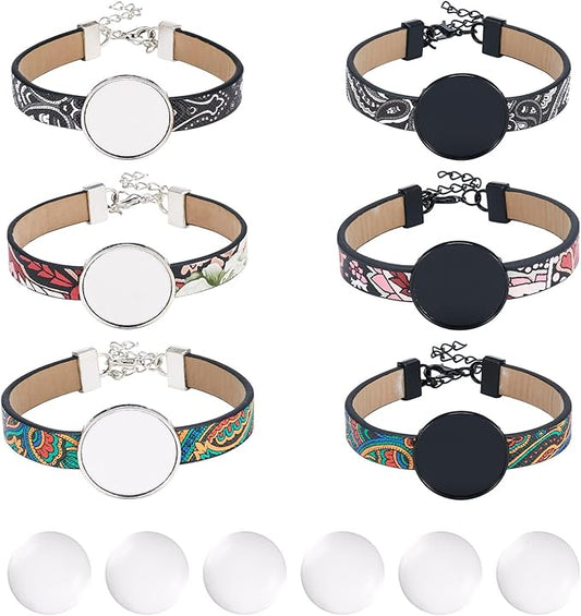 FASHEWELRY 6Pcs PU Leather Cord Bracelet Bezel Bohemian Blank Photo Tray Bracelet Band Settings 26.5mm Adjustable Round Tray With Glass Cabochons for Jewelry Making