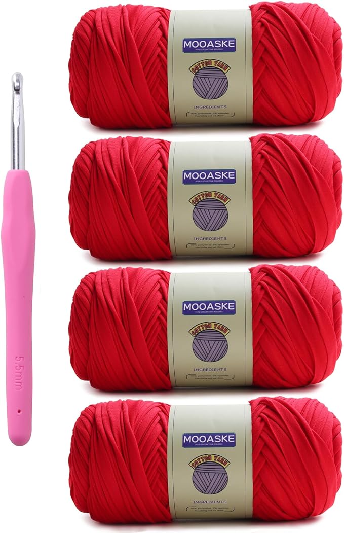 4 Pack T-Shirt Crochet Yarn for DIY Knitting Crochet Cloth Blanket Bag Dolls - 800g Chunky Thick Yarn for Crocheting with Polyester-Spandex Blend Elastic Fabric (Red)