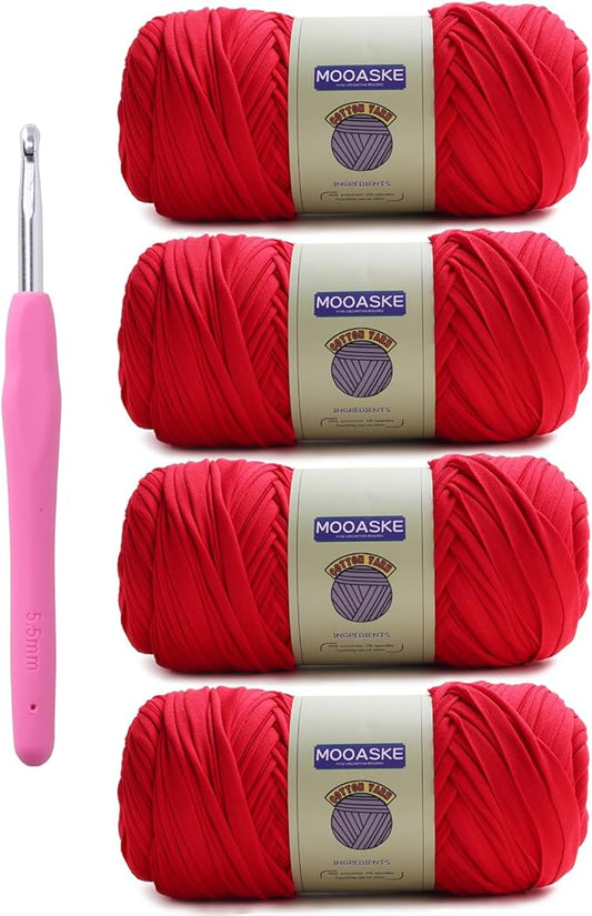 4 Pack T-Shirt Crochet Yarn for DIY Knitting Crochet Cloth Blanket Bag Dolls - 800g Chunky Thick Yarn for Crocheting with Polyester-Spandex Blend Elastic Fabric (Red)