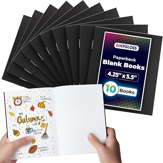 hygloss blank books - bulk 10 pack – 4.25" x 5.5" a6 black paperback blank books for kids to write stories, doodle, arts & crafts – plain drawing sketchbook, unlined journal, notebook without lines