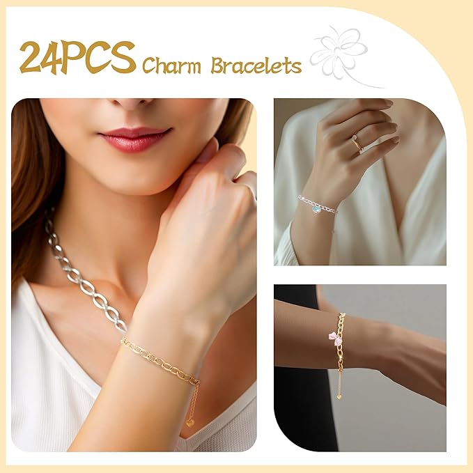 Wurosi 24PCS 6.3Inch Chain Bracelets Kit 18K Gold Plated Charm Bracelet Chains Stainelss Steel Charm Bracelets with Heart Lobster Clasp Extender Chain for Women Jewelry Bracelet Making