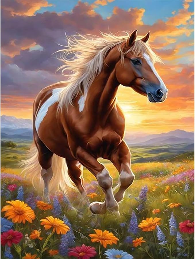 Fountor Horse Diamond Art Kits for Adults, Horse Diamond Painting Kits for Adults Beginners, DIY 5D Flower Diamond Painting with Round Gem Art Kits for Gift Home Wall Decor 12x16 Inch