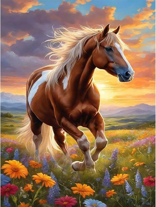 Fountor Horse Diamond Art Kits for Adults, Horse Diamond Painting Kits for Adults Beginners, DIY 5D Flower Diamond Painting with Round Gem Art Kits for Gift Home Wall Decor 12x16 Inch