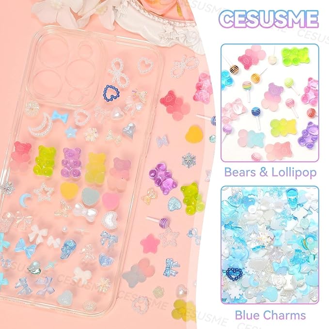 400 Pcs Candy Pearls Junk Phone Case Kit, Flower Bow Star Moon Pearls Case Phone Charms, Flatback Resin Rhinestones Cute Gummy Bear for Junk Cases Decor Accessories