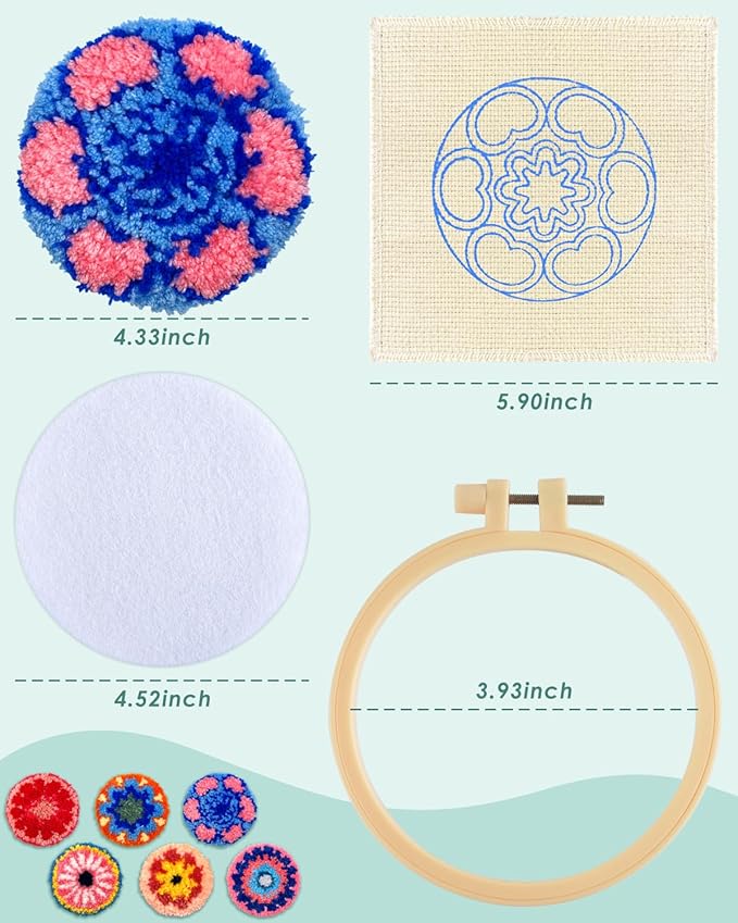 ERKOON Punch Needle Coasters Kit Adults Beginners, 6 Pcs DIY Easy Coaster Embroidery Set for Starter Art Craft, Needling Punching Project with Patterns, Tools, Yarns, Hoop, Instruction