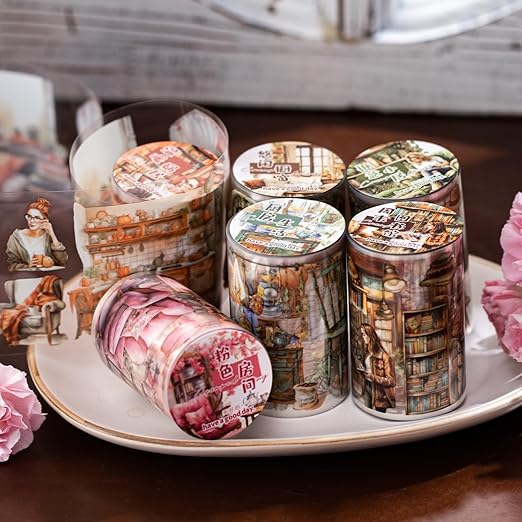 Kesari PET Tape Stickers for Scrapbooking Supplies, 6 Rolls Home Reading Themed Washi Journal Stickers for Scrapbook,Journaling, Junk Journal Supplies, DIY Crafts (Corner)