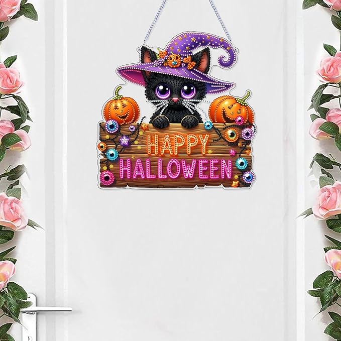VODAPYC Halloween Diamond Art Hanging Kits for Adults, Double Sided DIY Special Shaped Diamonds Art Window Pendant Ornament for Home Decor(Black Cat)