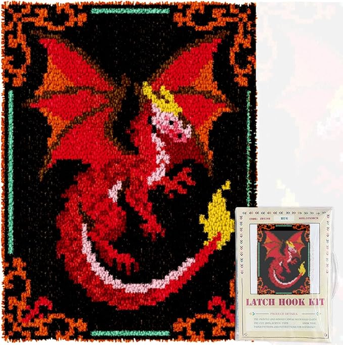 ORIGACH Dragon Latch Hook Rug Kit for Adults Printed Rug Making Kit Handmade Carpet Tapestry Cover with Hook Latch and Preprinted Canvas, Home Arts Crafts Sofa Decor, 20.5x15inch