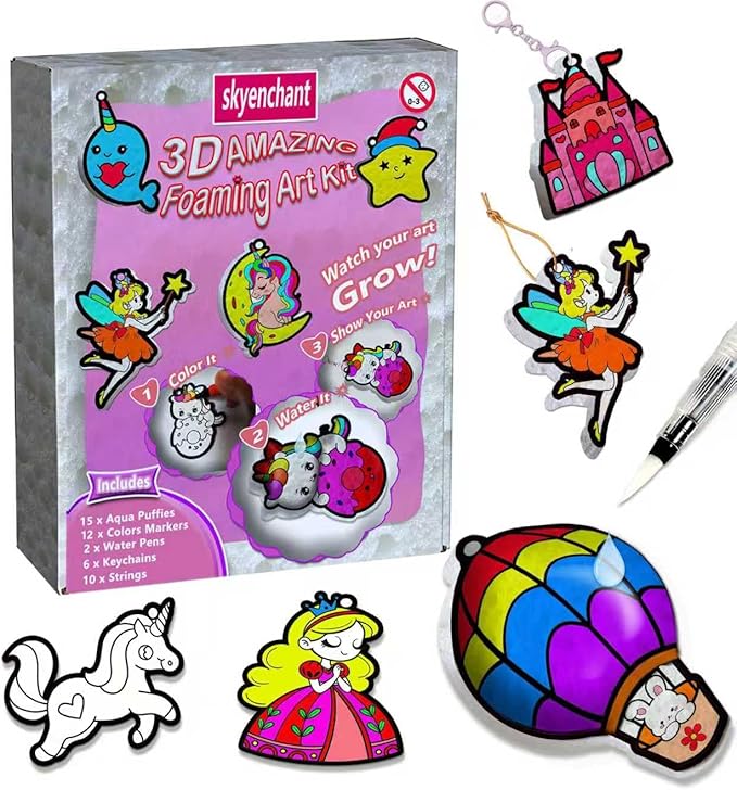 skyenchant 3d foam painting kit for kids, diy aqua puffing art to inflate, creative gift for girls & boys ages 4-10, christmas birthday travel present（princesses & unicorns）