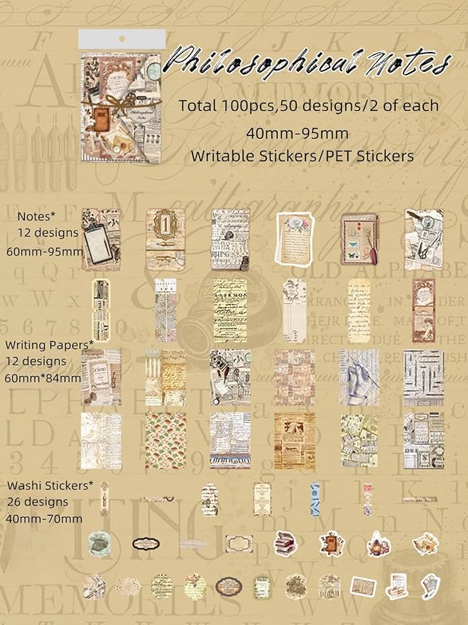 100PCS Vintage Journaling Scrapbooking Supplies Ephemera Pack for Junk Journal Planners Decoupage Paper Scrapbook Stickers Aesthetic Cottagecore Collage Craft Album (Notes)