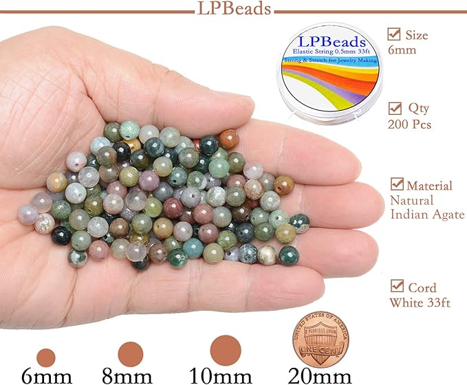 LPBeads 200Pcs Polished 6mm Round Natural Indian Agate Gemstone Loose Beads with Stretch Cord for Jewelry Making Bracelets