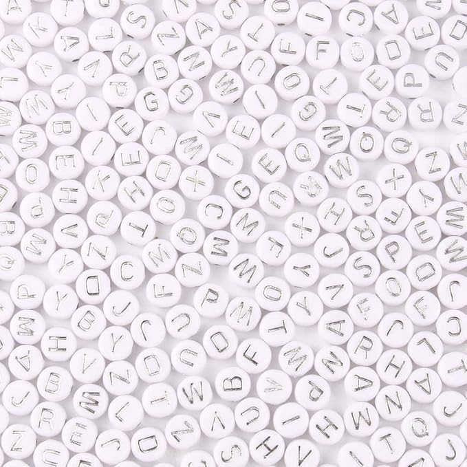 Acrylic Letter Beads Alphabet Silver Letters White Round Bead, 4×7mm 1200pcs, for Friendship Bracelets and Gifts Souvenir Jewelry Making