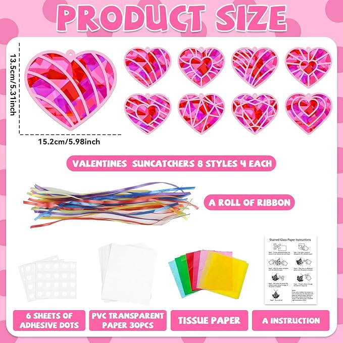 32 Sets Valentines Day Heart Suncatchers Craft Kit DIY Window Stained Glass Effect Valentines Heart Paper Crafts Home School Classroom Decoration Birthday Gift Creative Art Project & Activity Game