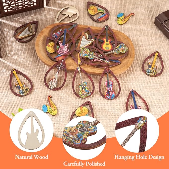 40pcs Wooden Earring Charms Big Flat Teardrop Printed Wood Musical Instrument Pendants Hollow Wood Cutouts for Necklace Keychain DIY Jewelry Craft Making