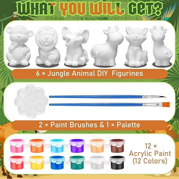 Gemscream 6 Sets Animal Painting Craft Kits Wild Animal Ceramics to Paint Safari Ceramics Ready to Paint for Activities Figurines Art Supplies Gifts(Jungle)