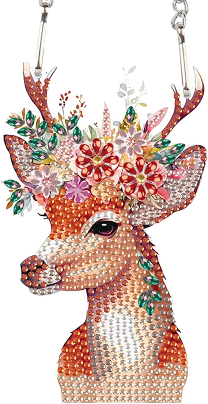 Deer Animal Diamond Painting Hanging Kit – DIY Acrylic 5D Special Shaped Diamond Art Pendant Ornament Board for Wall, Door Garden Decoration, Handmade Craft Kit Gift for Adults and Beginners