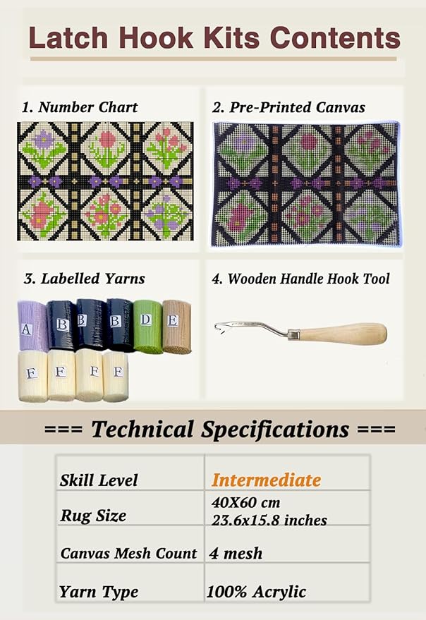 KitsMaster Latch Hook Kits for Adults, Crafts for Adults Women New Hobbies DIY Printed Canvas Rug for Home Decor Festival Gift 23.6''x15.8'' (Floral Trellis Bloom)