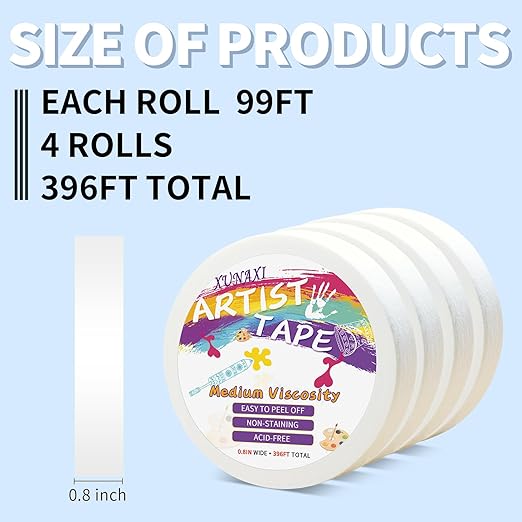 4 Packs Artist Tape Medium Tack White Art Tape for Watercolor Paper Drafting Art Painting Canvas Framing Acid Free Masking Tape- 0.8IN Wide 396FT Long Total