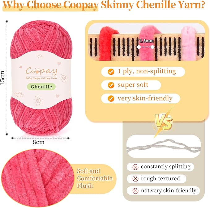 Coopay Skinny Chenille Yarn for Crocheting and Knitting, 12 Pack of 50g/1.76oz - 1764yd Total, Soft Crochet Yarn of Light Weight - Sutible for Colorful Crafts, Blankets, Plush Dolls and Baby Garments