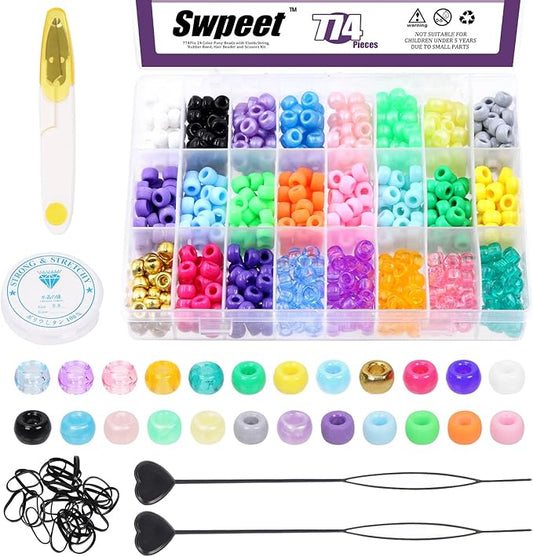 Swpeet 774Pcs 24 Colors Beads for Hair Braids Kit, Hair Beaders Rubber Bands, Including Candy Pony Beads, Elastic Rubber Bands, Quick Beaders for Hair Braids, Scissors and Bead Thread