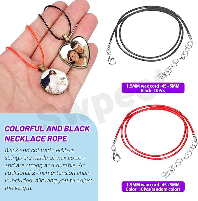 Swpeet 100Pcs 5 Shape Round/Teardrop/Heart/Oval/Square Pendant Trays Kit for Jewelry Making, Bezel Pendant Trays, Clear Glass Cabochons Tiles, Key Ring with Chain and Waxed Necklace Cord for Crafts