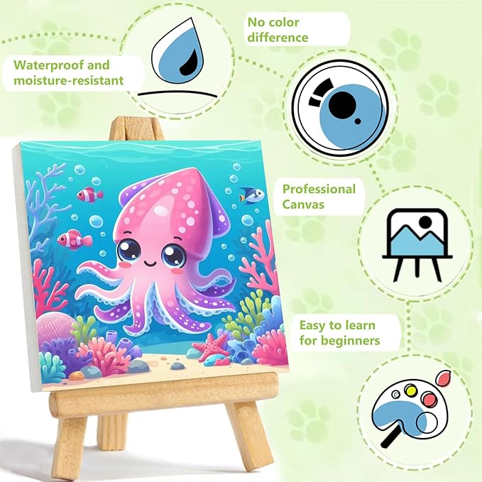 Reivworl Paint by Numbers Kit for Kids with Frame and Easel, Octopus Paint by Number for Kids Age 6-8-12, Paint by Numbers Kits for Gifts and Home Decor - 8X8Inch